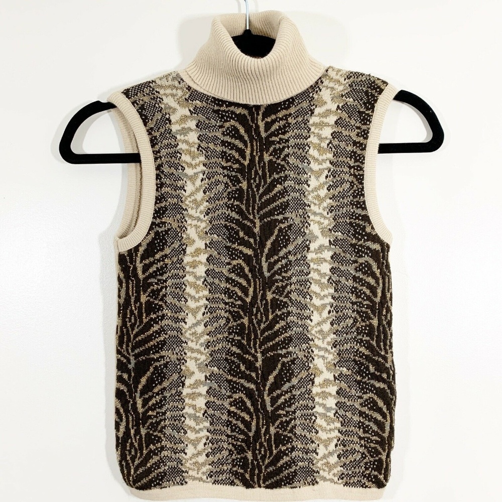 Cache Tan Brown Animal Gold Metallic Sweater Sz XS
